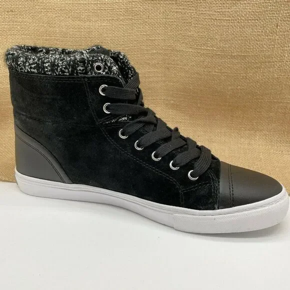 Isaac Mizrahi Sky Black Suede Soho Lily Knit Trim Lace Up Hi Top Sneakers 9 M - Picture 2 of 11